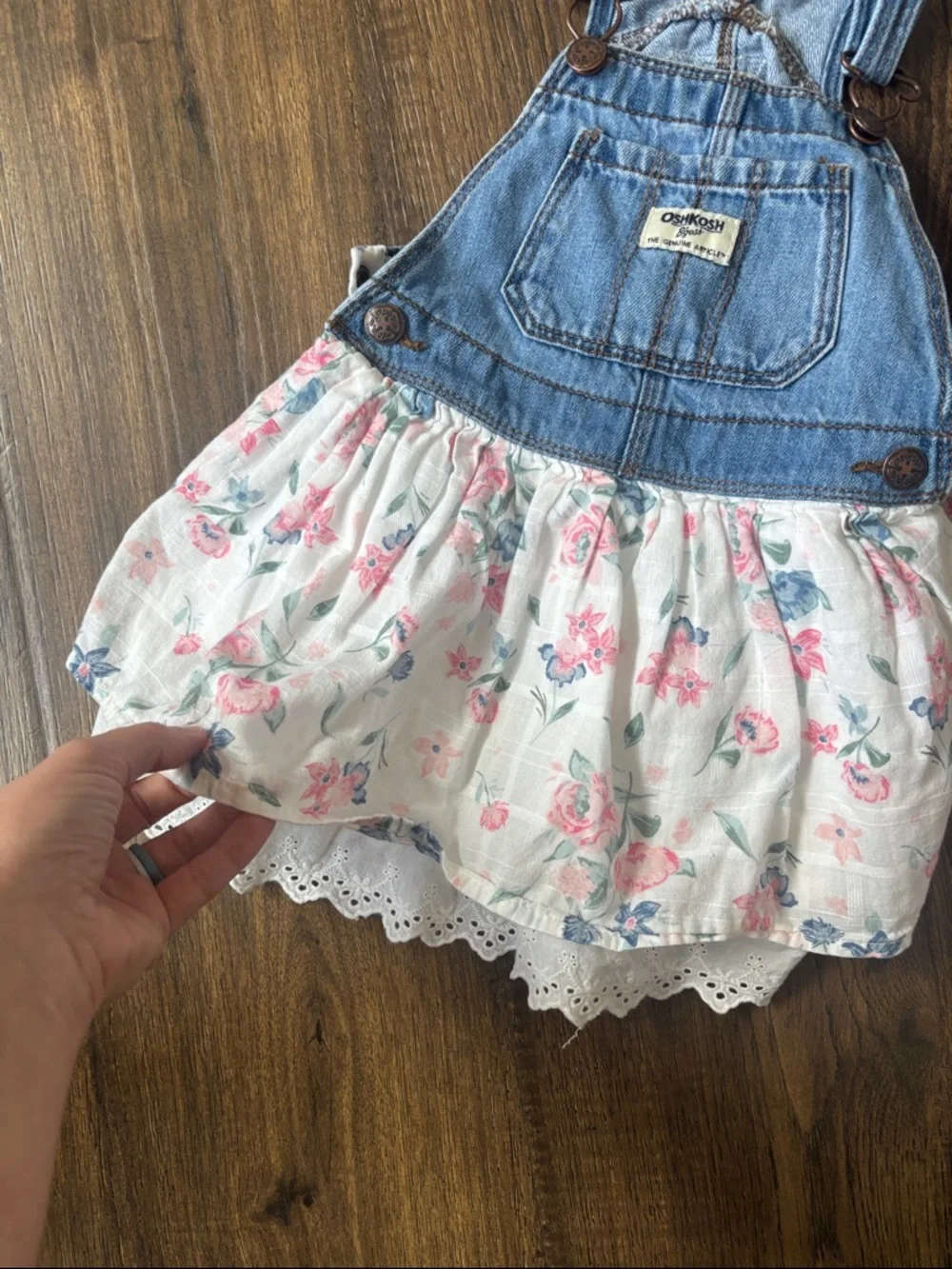 OshKosh B'gosh Denim Overall Dress with Floral Skirt - Light Blue & White